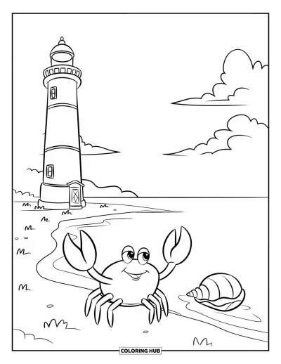 Coloriage de phare pour enfants : Un phare près d'une plage paisible se dresse sous un ciel avec des nuages ​​doux et un horizon
