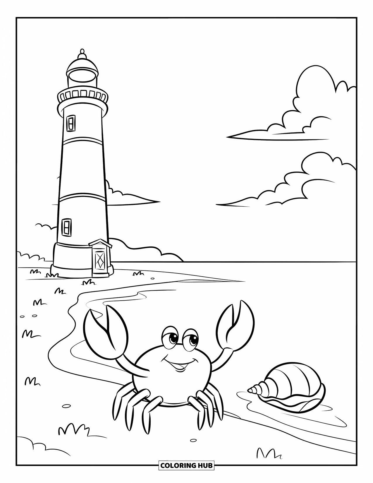 Lighthouse Coloring Page for Kids: A lighthouse near a peaceful beach stands under a sky with soft clouds and a horizon