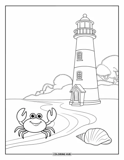 Coloriage de phare pour enfants : Un phare près d'une plage de sable veille sur un crabe et un coquillage au bord de l'eau calme