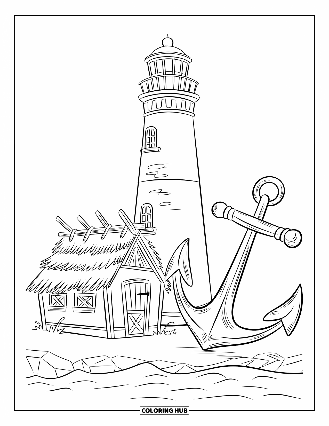 Lighthouse Coloring Page for Kids: A lighthouse rises beside a small fisherman's hut, an old anchor leaning against the wall