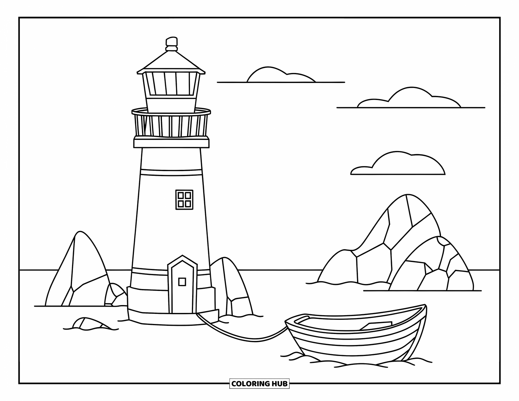 Lighthouse Coloring Page for Kids: A lighthouse shines brightly as a boat drifts nearby, tethered to the rocky shore