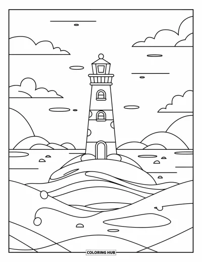 Coloriage de phare pour enfants : Un phare se dresse seul sur une minuscule île, entouré de douces vagues et de nuages ​​duveteux