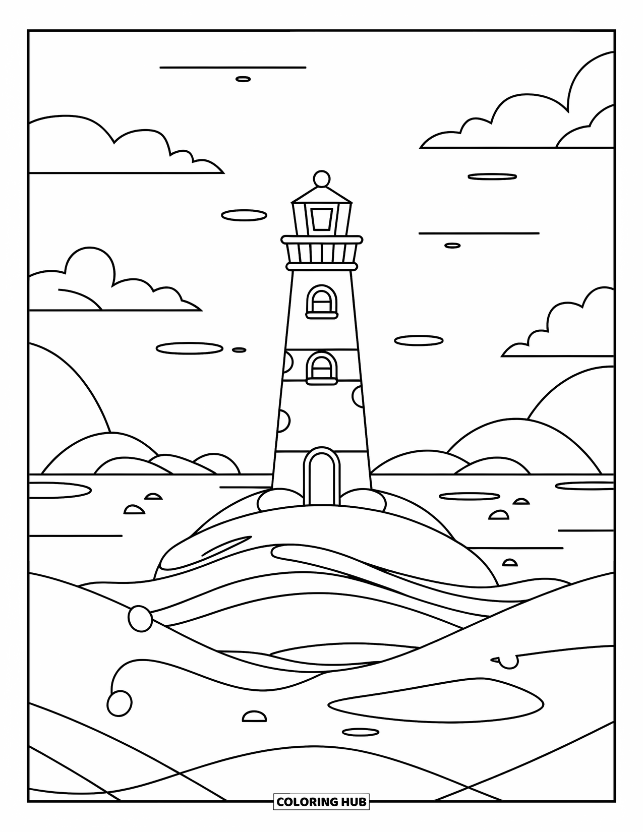 Lighthouse Coloring Page for Kids: A lighthouse stands alone on a tiny island, surrounded by gentle waves and fluffy clouds