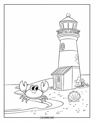 Coloriage de phare pour enfants : Un phare se dresse sur une plage de sable, où un crabe et un coquillage amicaux se reposent près du rivage