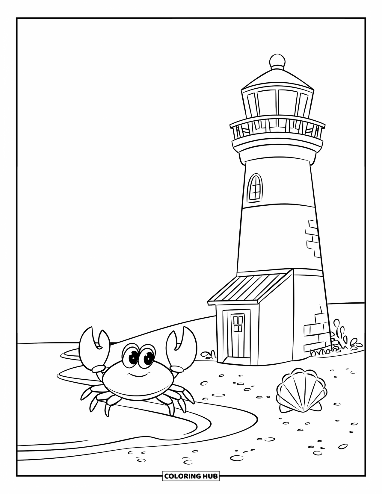 Lighthouse Coloring Page for Kids: A lighthouse stands on a sandy beach, where a friendly crab and seashell rest by the shore