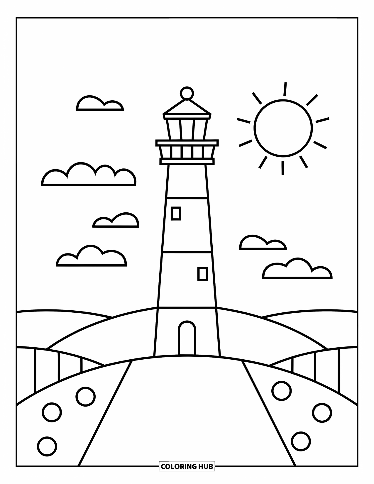 Lighthouse Coloring Page for Kids: A lighthouse stands on a small hill, with the sun and clouds filling the background