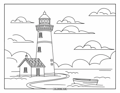 Coloriage de phare pour enfants : Un phare avec un bateau attaché se trouve paisiblement alors que des nuages ​​duveteux dérivent au-dessus