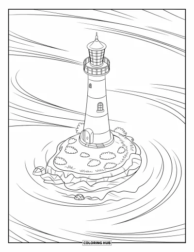 Coloriage de phare pour enfants : Un phare avec une base circulaire et un toit conique se dresse sur une île avec une végétation luxuriante