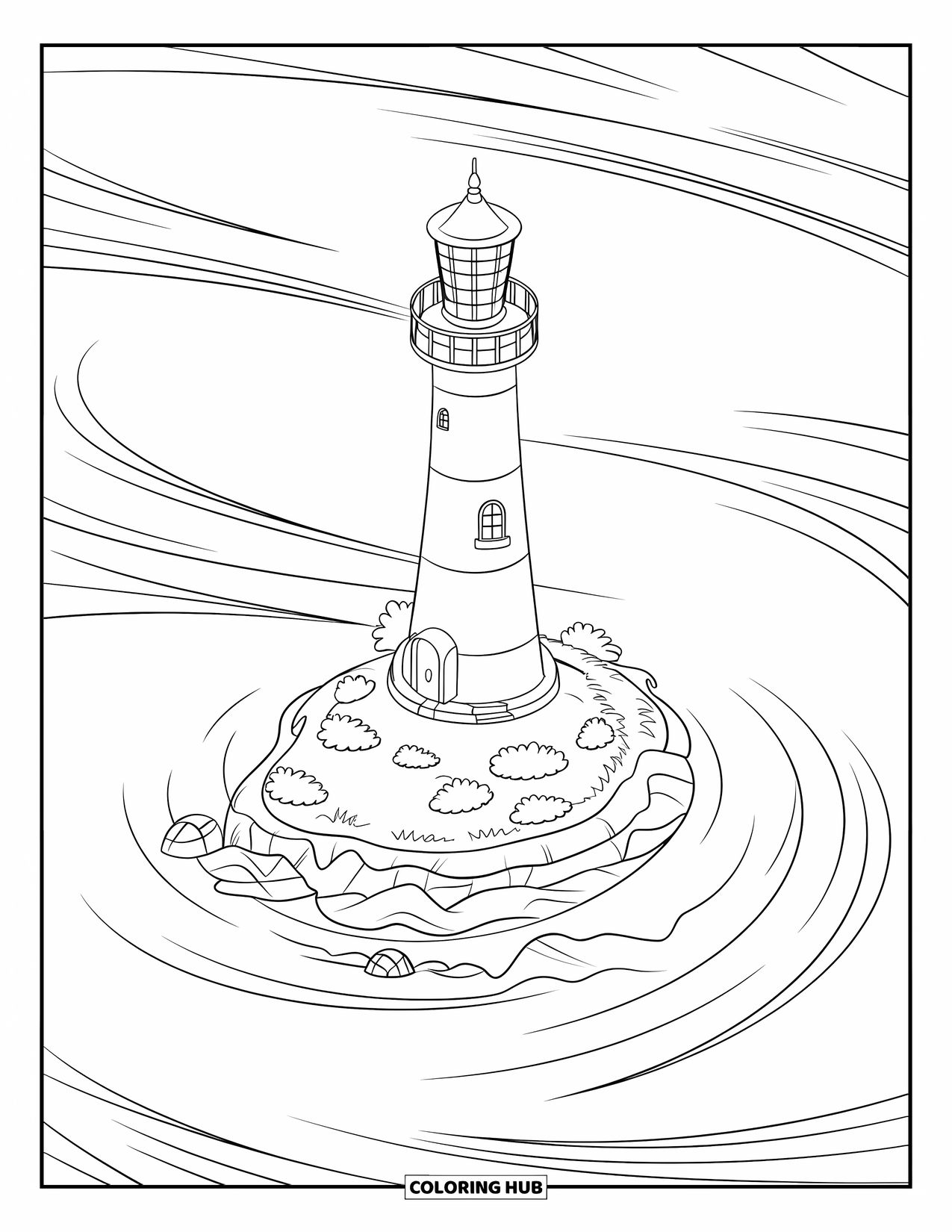 Lighthouse Coloring Page for Kids: A lighthouse with a circular base and conical roof stands on an island with lush greenery