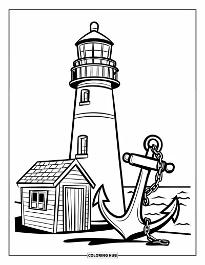 Coloriage de phare pour enfants : Un phare avec un toit conique se dresse à côté d'une cabane de pêcheur, une ancre reposant à proximité