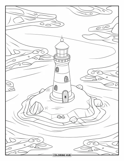 Coloriage de phare pour enfants : Un phare avec un toit conique se dresse sur une petite île, les vagues ondoyant doucement autour