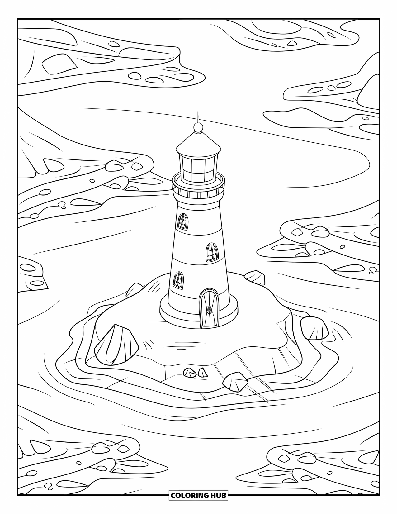 Lighthouse Coloring Page for Kids: A lighthouse with a conical roof stands on a small island, waves gently rippling around it