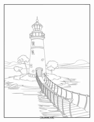 Coloriage de phare pour enfants : Un phare avec un toit conique se dresse sur une île, relié à la terre par un pont en bois