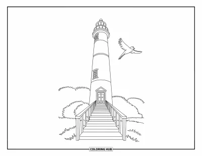 Coloriage de phare pour enfants : Un phare de forme conique se dresse seul, avec un escalier menant à son entrée
