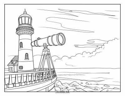 Coloriage de phare pour enfants : Un phare avec un grand télescope se dresse au bord de la mer, les vagues se brisant contre les falaises