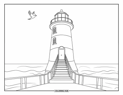 Coloriage de phare pour enfants : Un phare avec un long escalier surplombe une mer calme, avec un oiseau volant à proximité