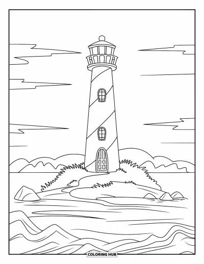 Coloriage de phare pour enfants : Un phare avec une tour rayée rouge et blanche se trouve sur une île, entouré de rochers