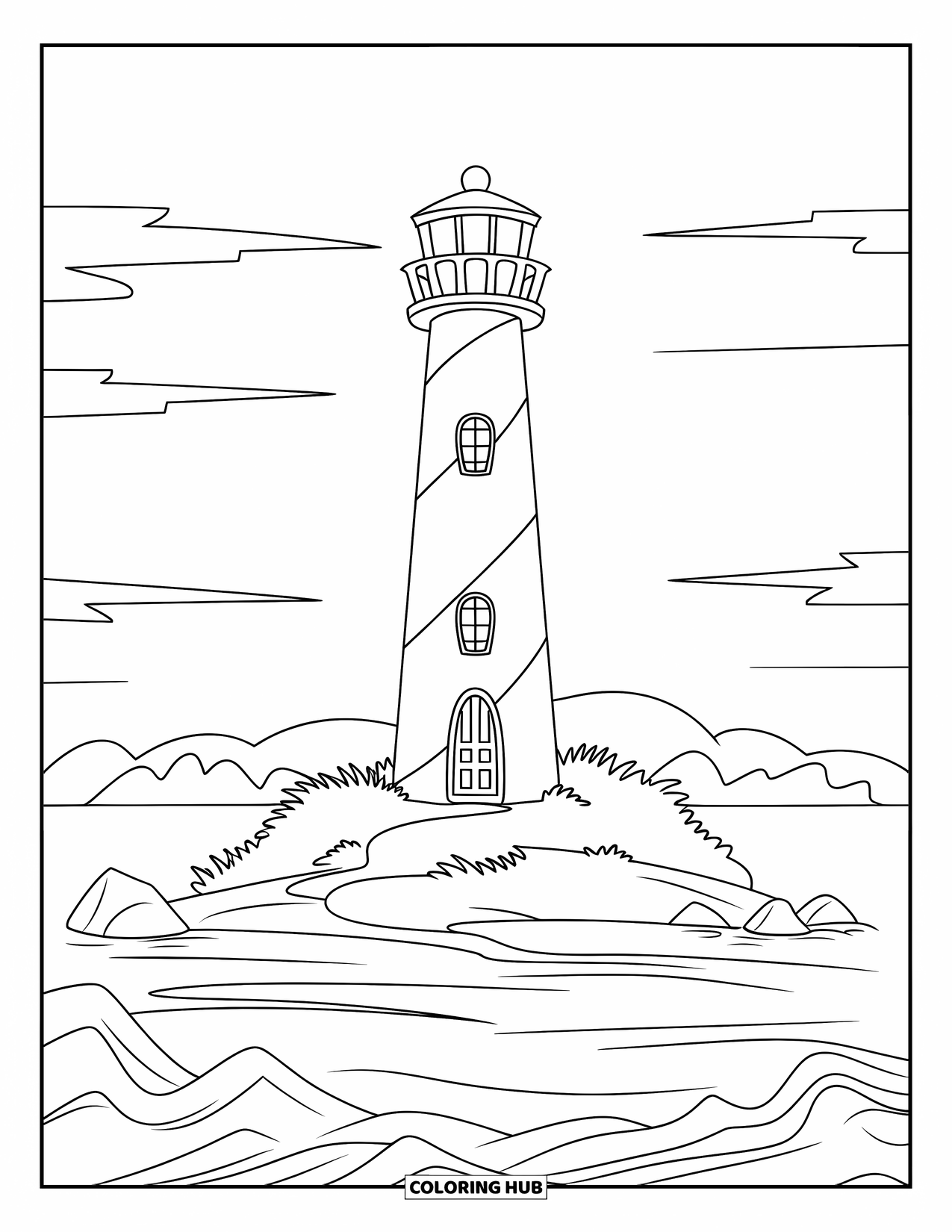 Lighthouse Coloring Page for Kids: A lighthouse with a red-and-white striped tower sits on an island, surrounded by rocks