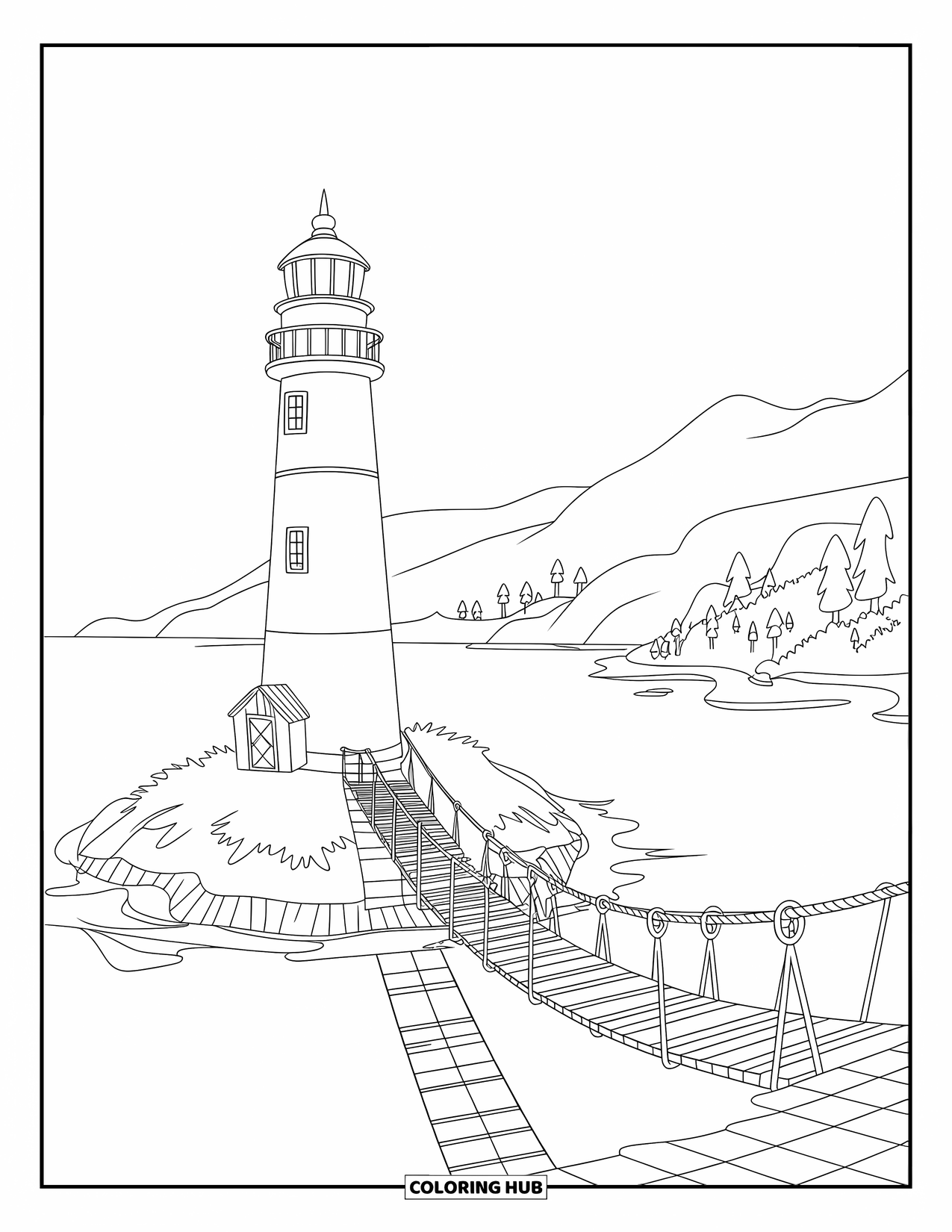 Lighthouse Coloring Page for Kids: A lighthouse with a red roof stands on an island, its bridge swaying above gentle waves