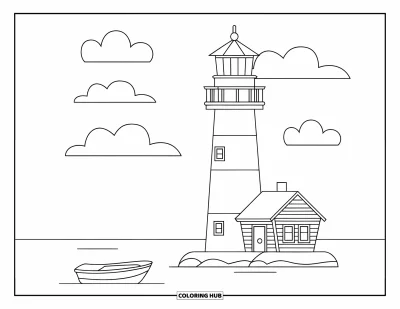 Coloriage de phare pour enfants : Un phare avec un petit bateau flottant à proximité se dresse sur un ciel avec des nuages ​​gonflés