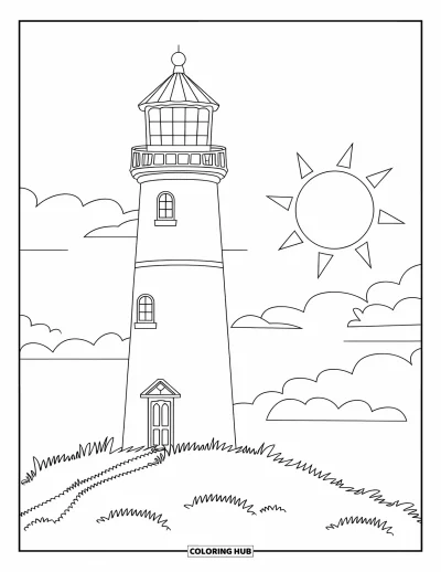 Coloriage de phare pour enfants : Un phare avec une petite porte et une fenêtre près du sommet surplombe une colline paisible