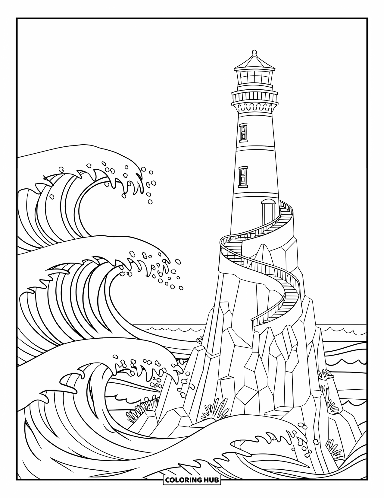 Vuurtoren Kleurplaat voor Kinderen: Een vuurtoren met een wenteltrap kijkt uit over een stormachtige zee, met golven die eronder neerstorten