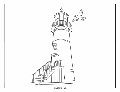 Coloriage de phare pour enfants : Un phare avec un escalier menant à son entrée se dresse haut alors qu'un oiseau s'envole au-dessus