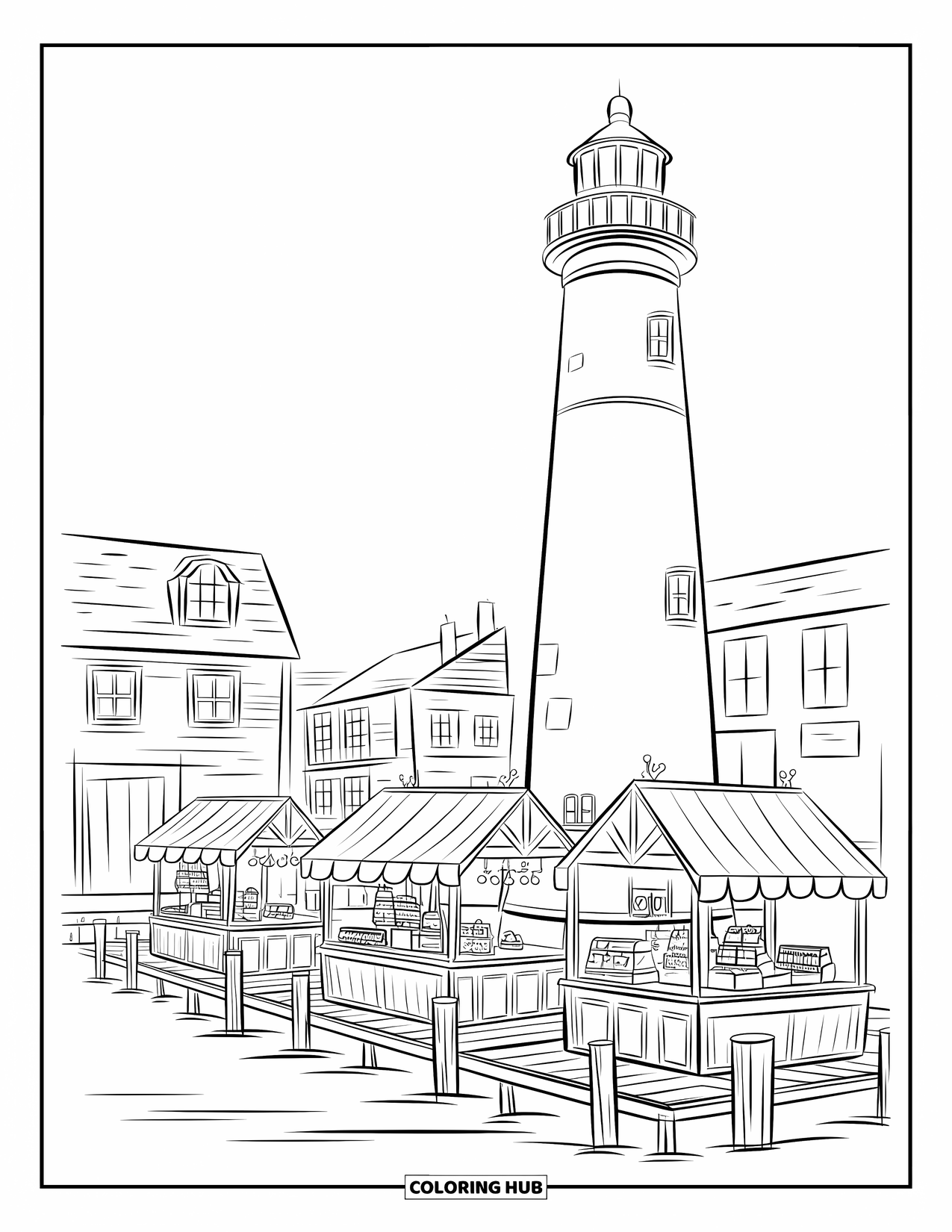 Lighthouse Coloring Page for Kids: A lighthouse with a warm glow overlooks a town's marketplace, boats, and bustling harbor