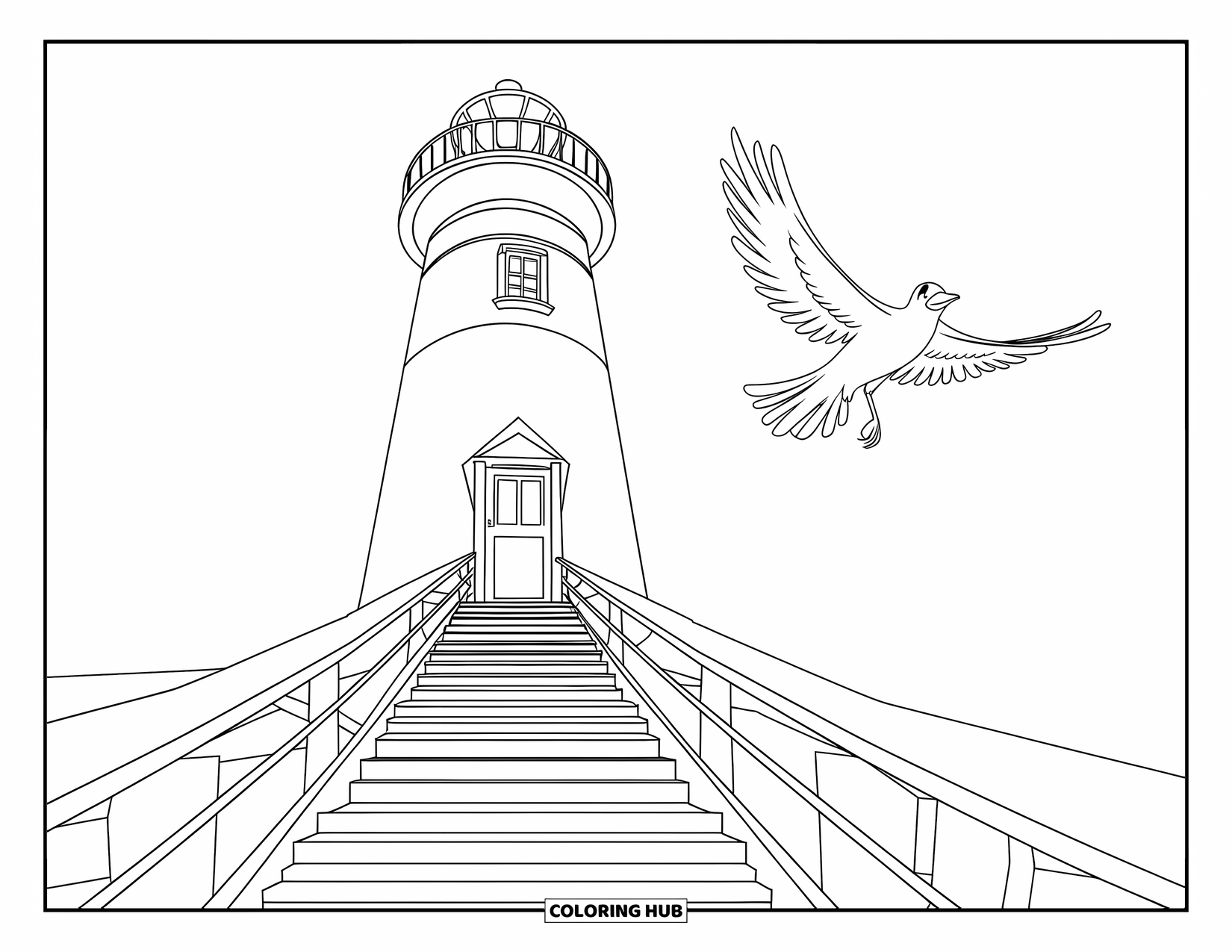 Lighthouse Coloring Page for Kids: A lighthouse with ten steps to its door stands under a bird with outstretched wings