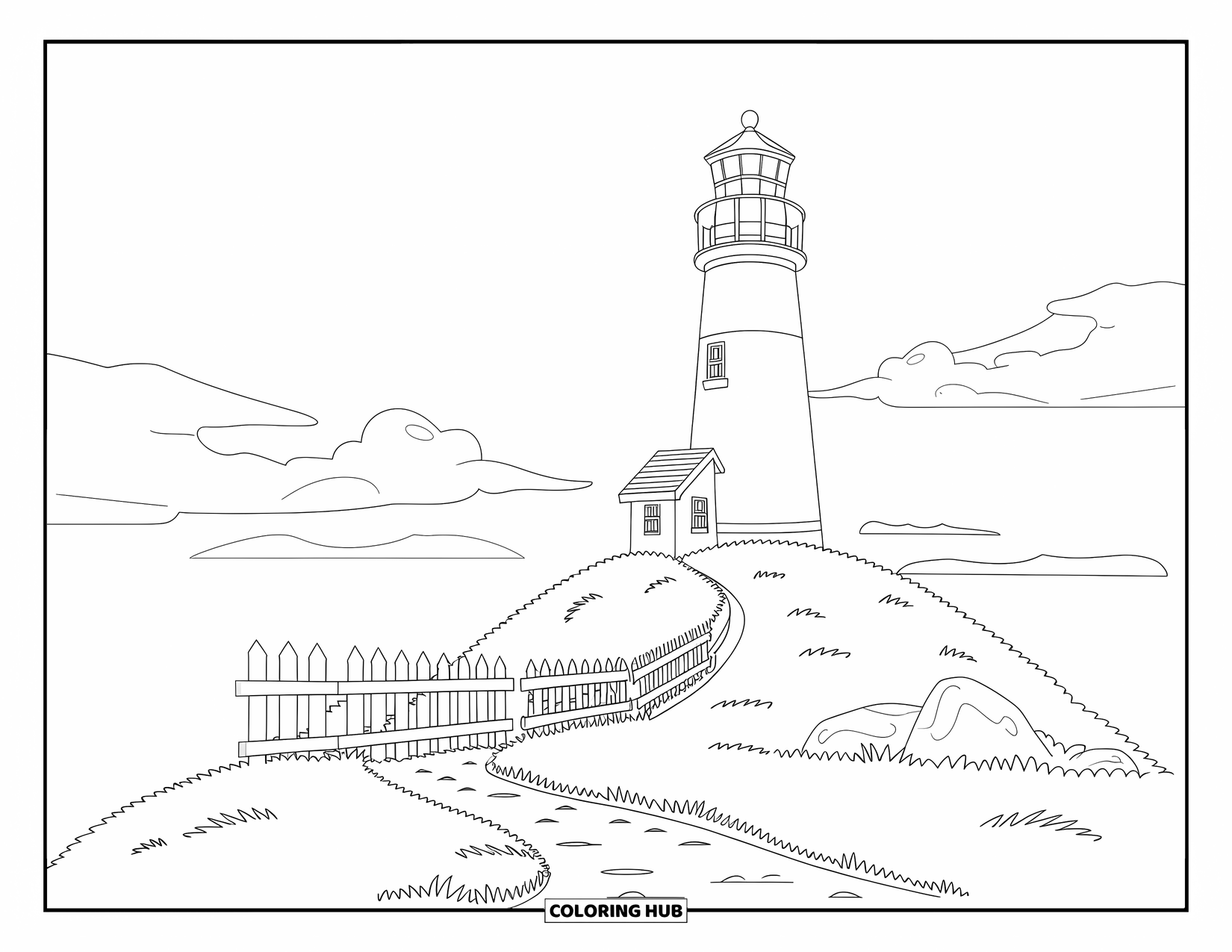 Lighthouse Coloring Page for Kids: A narrow path winds through a grassy hill toward a lighthouse with a red roof