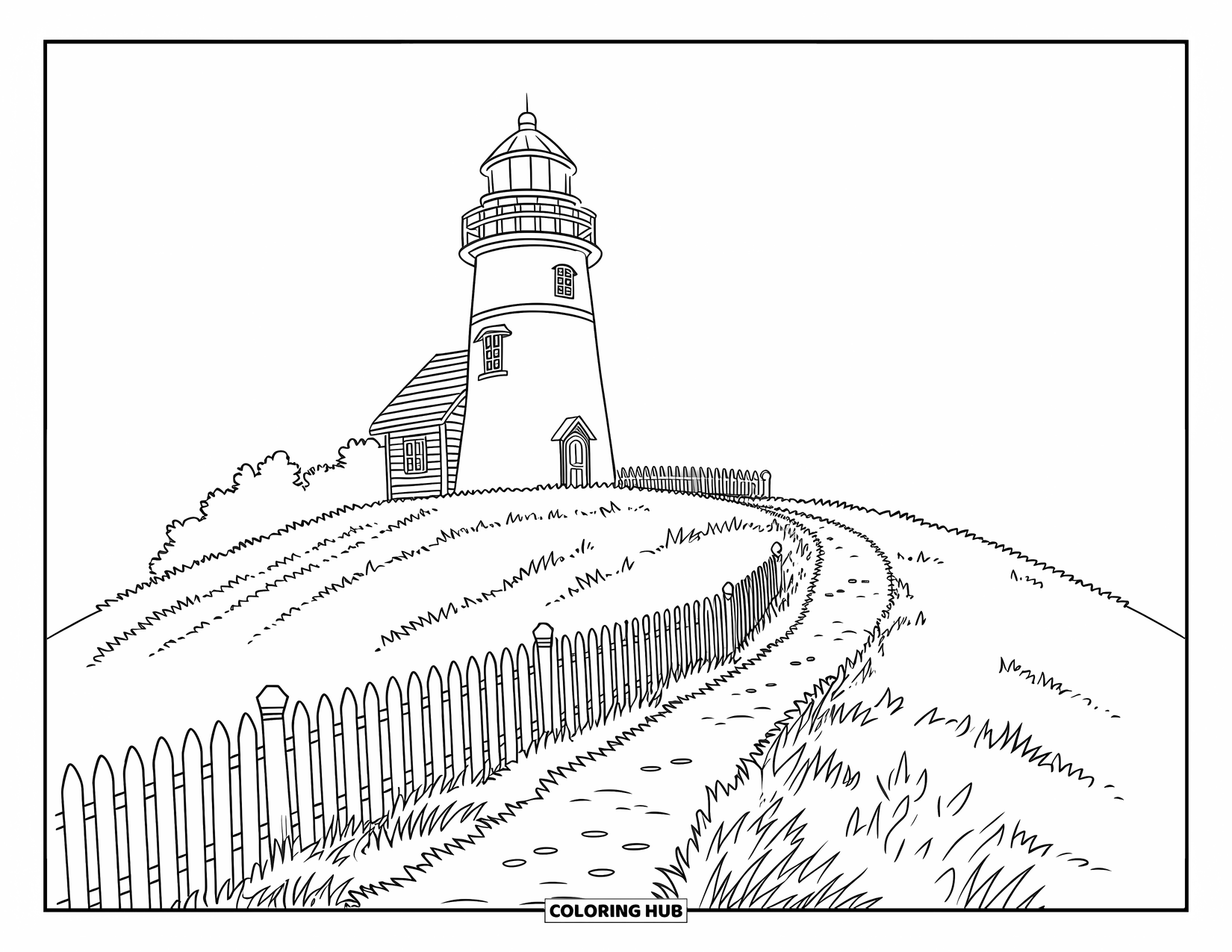 Lighthouse Coloring Page for Kids: A picket fence surrounds a lighthouse on a grassy hill, with a winding path leading up