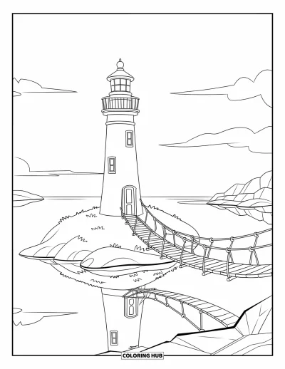 Coloriage de phare pour enfants : Un pont de corde relie un phare imposant sur une petite île au continent