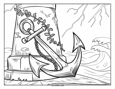 Coloriage de phare pour enfants : Un phare rustique avec une façade fissurée est entouré de vignes emmêlées et d'un ciel orageux