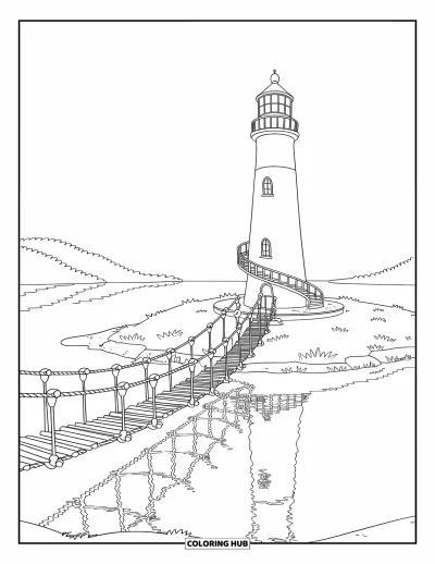 Coloriage de phare pour enfants : Un escalier en colimaçon monte dans un phare perché sur une île, relié par un pont de corde