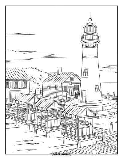 Coloriage de phare pour enfants : Un phare rayé s'élève au-dessus d'une ville portuaire, entouré de quais en bois et d'étals de marchands