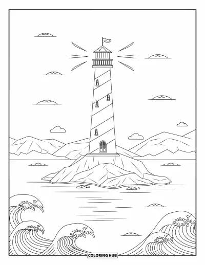 Coloriage de phare pour enfants : Un phare rayé se dresse sur une île rocheuse, entouré de douces vagues et d'un vaste ciel