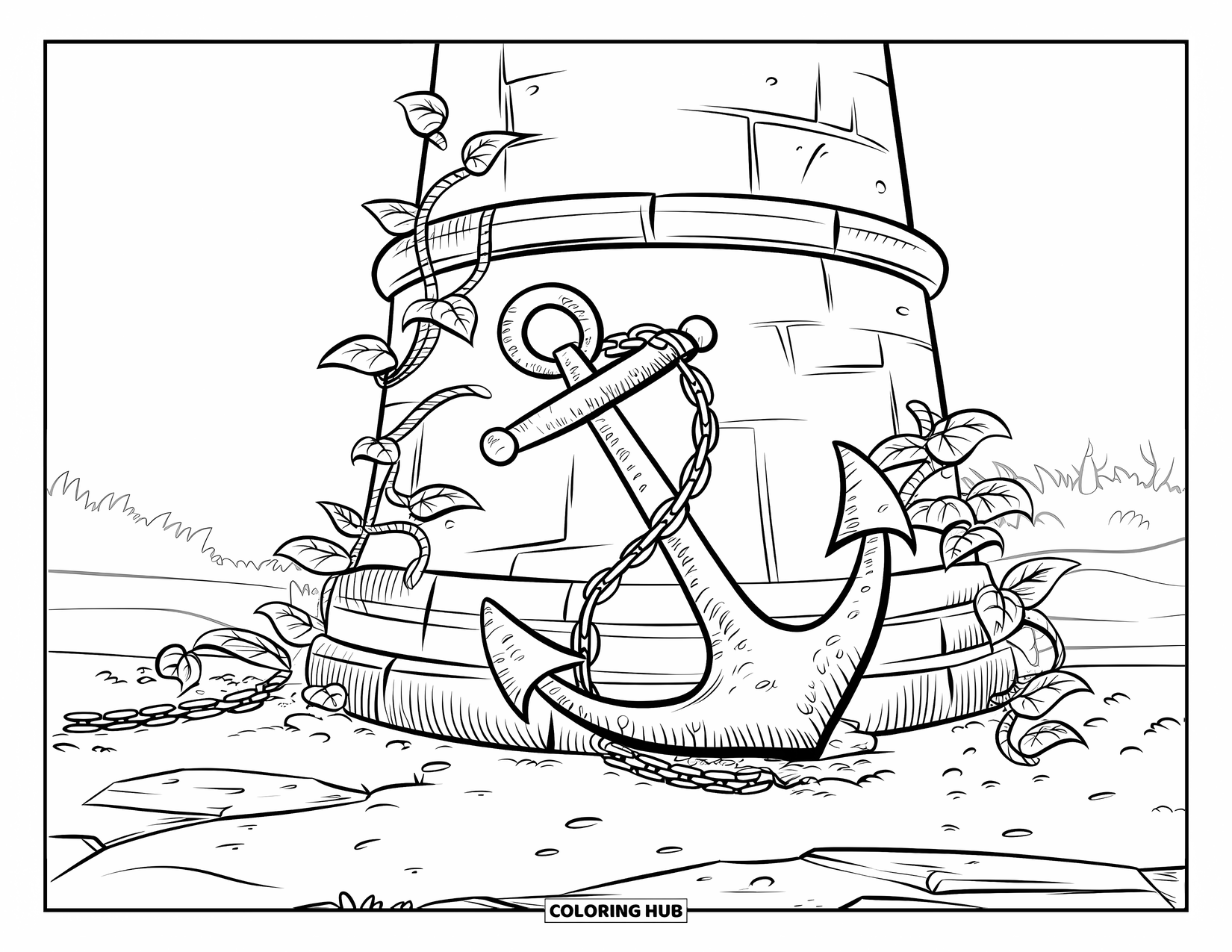 Lighthouse Coloring Page for Kids: A sturdy stone lighthouse with a massive anchor and thick vines sits near a rocky shore