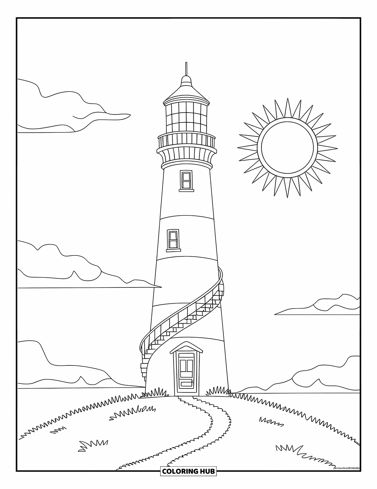 Lighthouse Coloring Page for Kids: A tall lighthouse with a glowing light stands on a grassy hill, under a bright sun