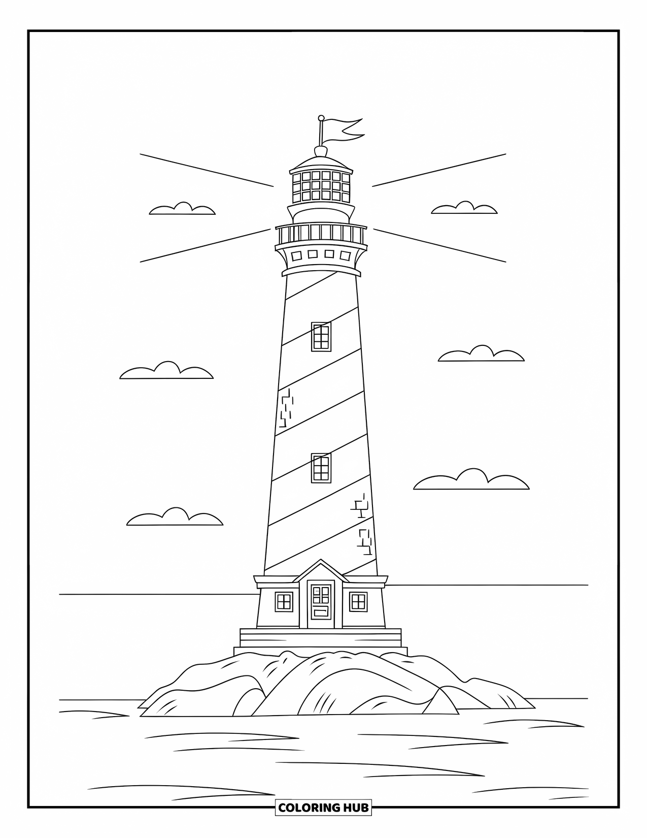 Lighthouse Coloring Page for Kids: A towering lighthouse with a flag on top rises from a rocky outcrop in the sea