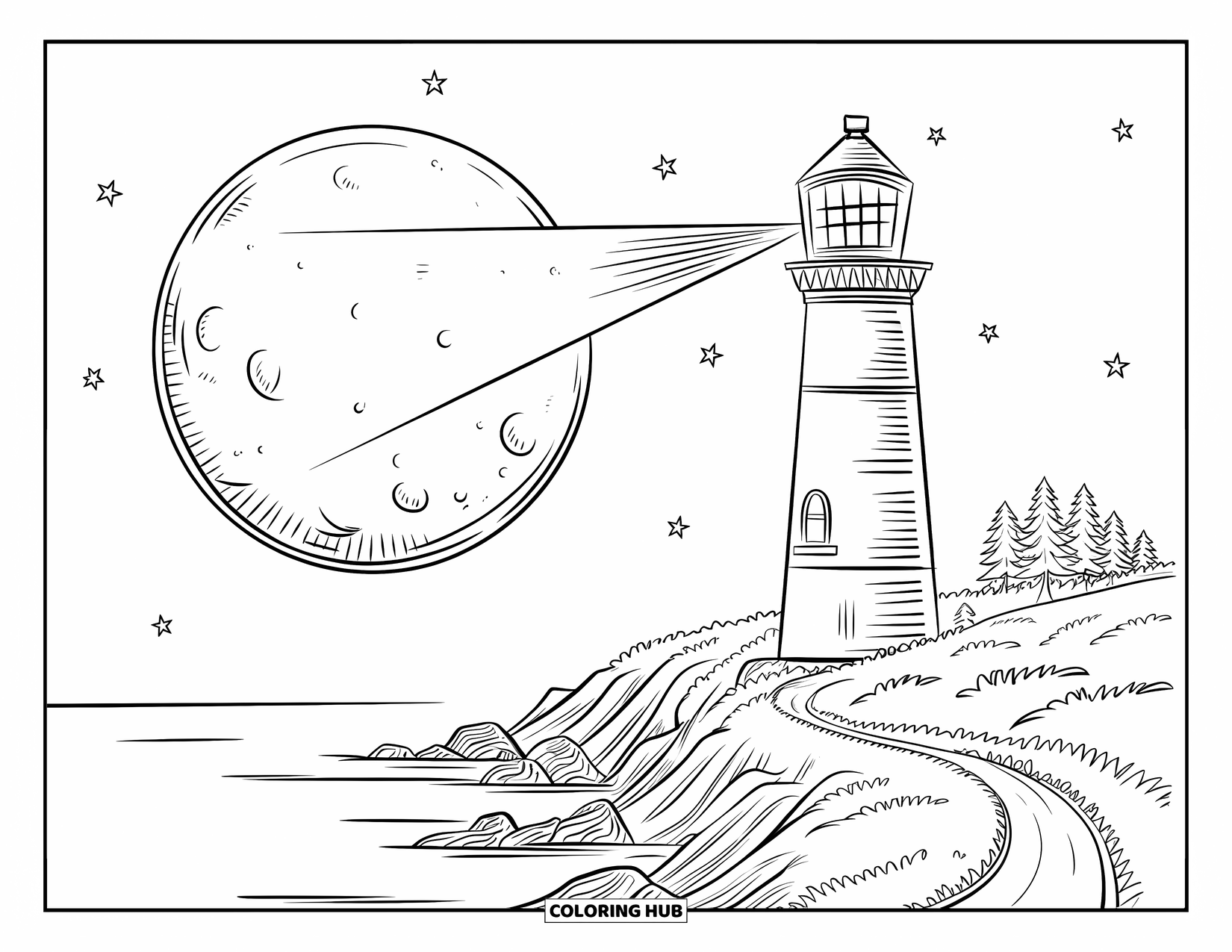 Lighthouse Coloring Page for Kids: A towering lighthouse with a glowing beacon stands against a starry sky and a textured moon