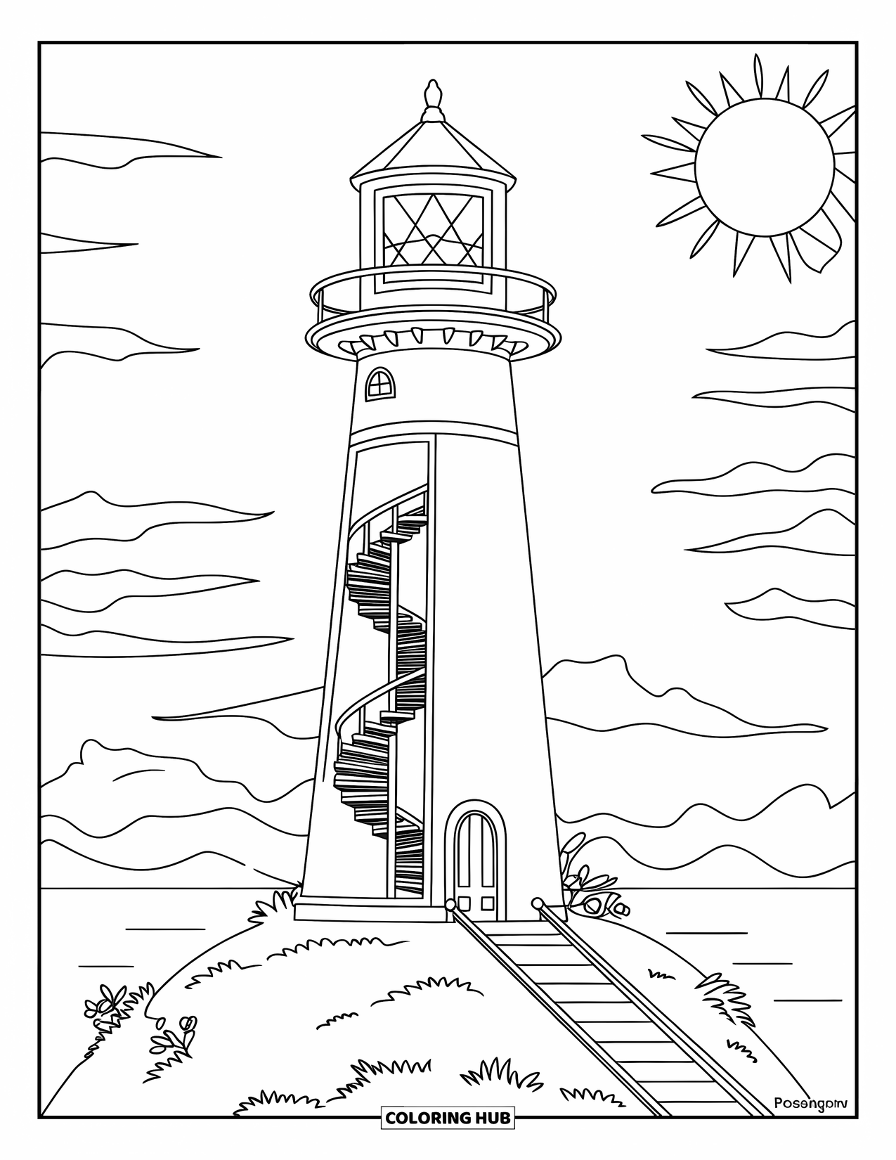 Lighthouse Coloring Page for Kids: A towering lighthouse with a spiral staircase stands on a hill, framed by the sun and clouds