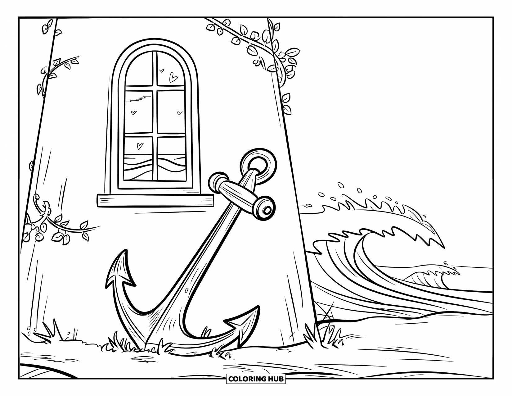 Lighthouse Coloring Page for Kids: A weathered lighthouse with an anchor leans against the sea breeze and crashing waves