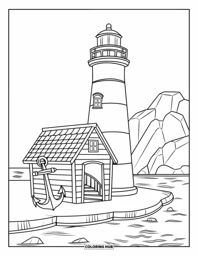 Coloriage de phare pour enfants : Une vieille ancre repose devant une modeste cabane près du grand phare au bord de la mer