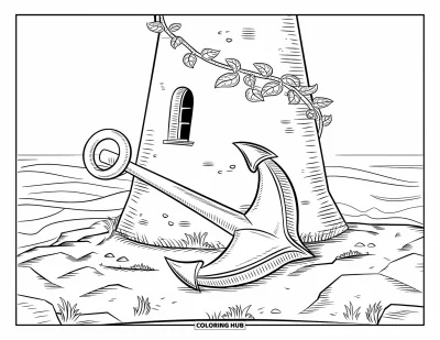 Coloriage de phare pour enfants : Un vieux phare avec des vignes et une ancre rouillée se dresse sur fond de vagues déferlantes
