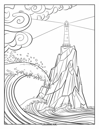 Coloriage de phare pour enfants : Des vagues orageuses frappent le phare imposant, perché au bord d'une falaise rocheuse