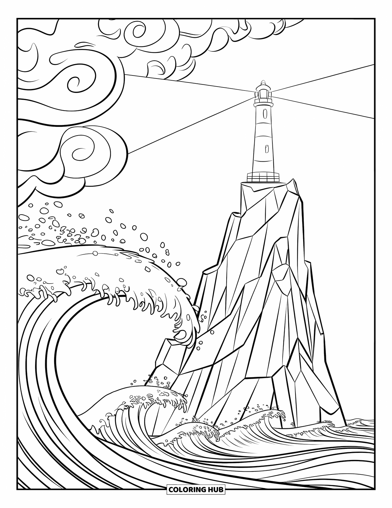 Lighthouse Coloring Page for Kids: Stormy waves pound against the towering lighthouse, perched on the edge of a rocky cliff