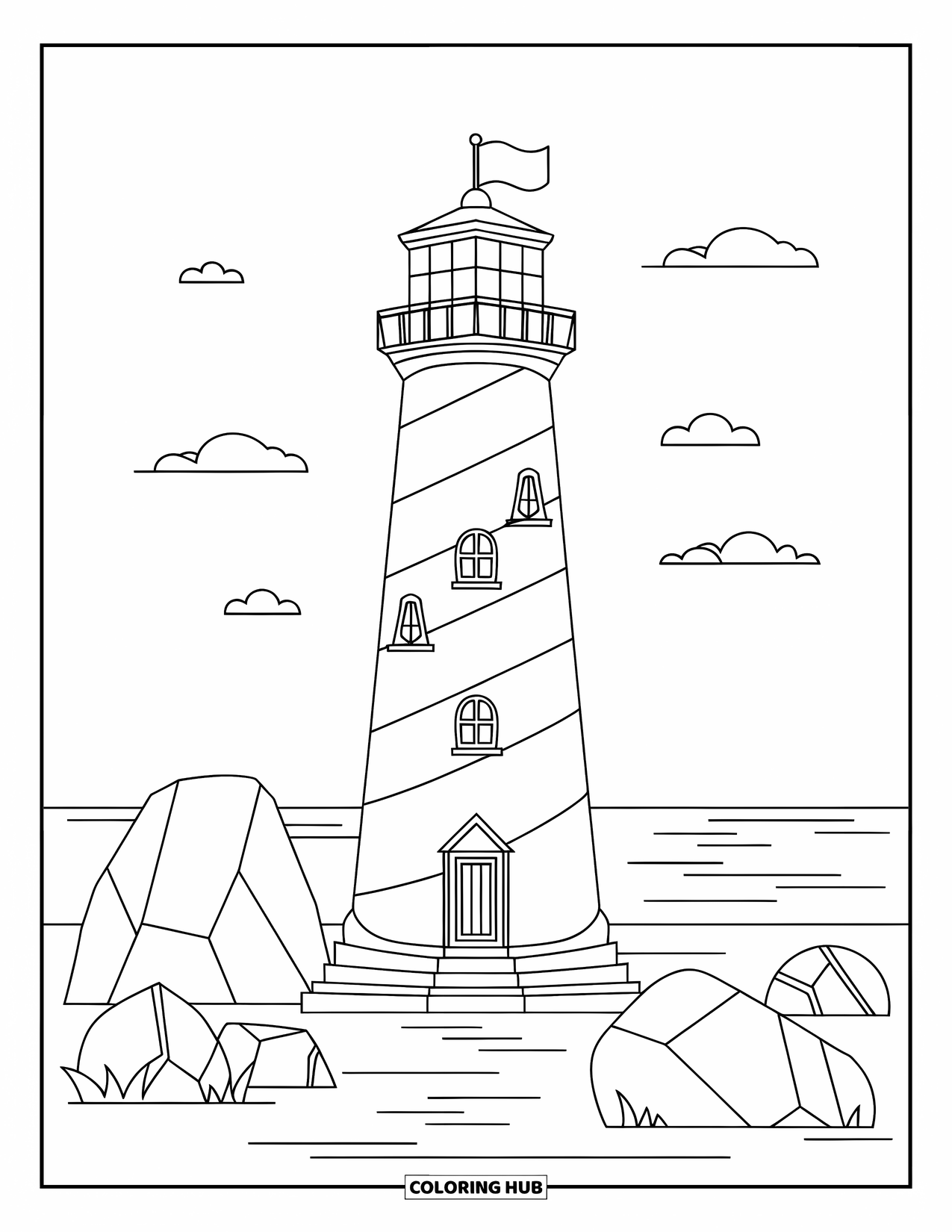 Lighthouse Coloring Page for Kids: Striped in bold patterns, the lighthouse stands against a calm sea with floating clouds nearby