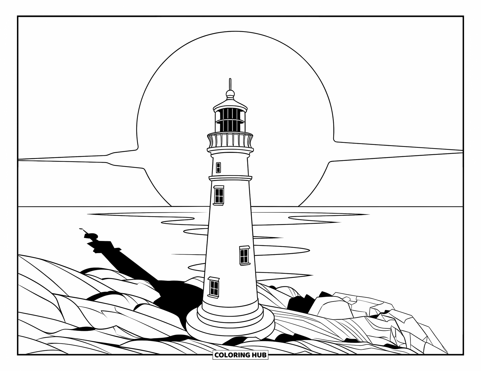 Lighthouse Coloring Page for Kids: The lighthouse casts a long shadow as the setting moon illuminates the vast ocean horizon