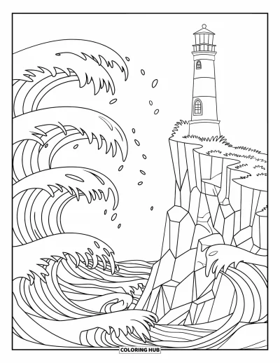 Coloriage de phare pour enfants : Le phare se dresse fermement sur une haute falaise alors que les vagues tourbillonnantes de l'océan s'élèvent en dessous