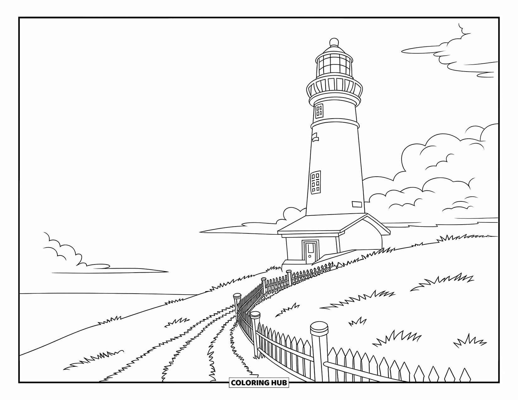 Lighthouse Coloring Page for Kids: The lighthouse stands on a peaceful hill, enclosed by a wooden fence and a dirt path
